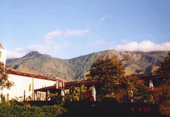 6  church in Ainaro where we stayed, burned out school building,  mountains 